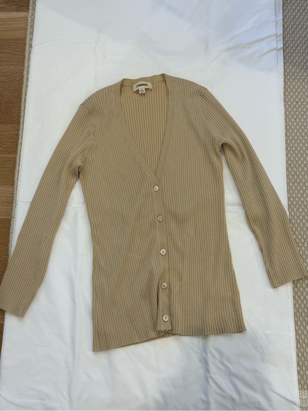 L’Agence Isabella V Neck Ribbed Knit Cardigan Sweater Beige | XS